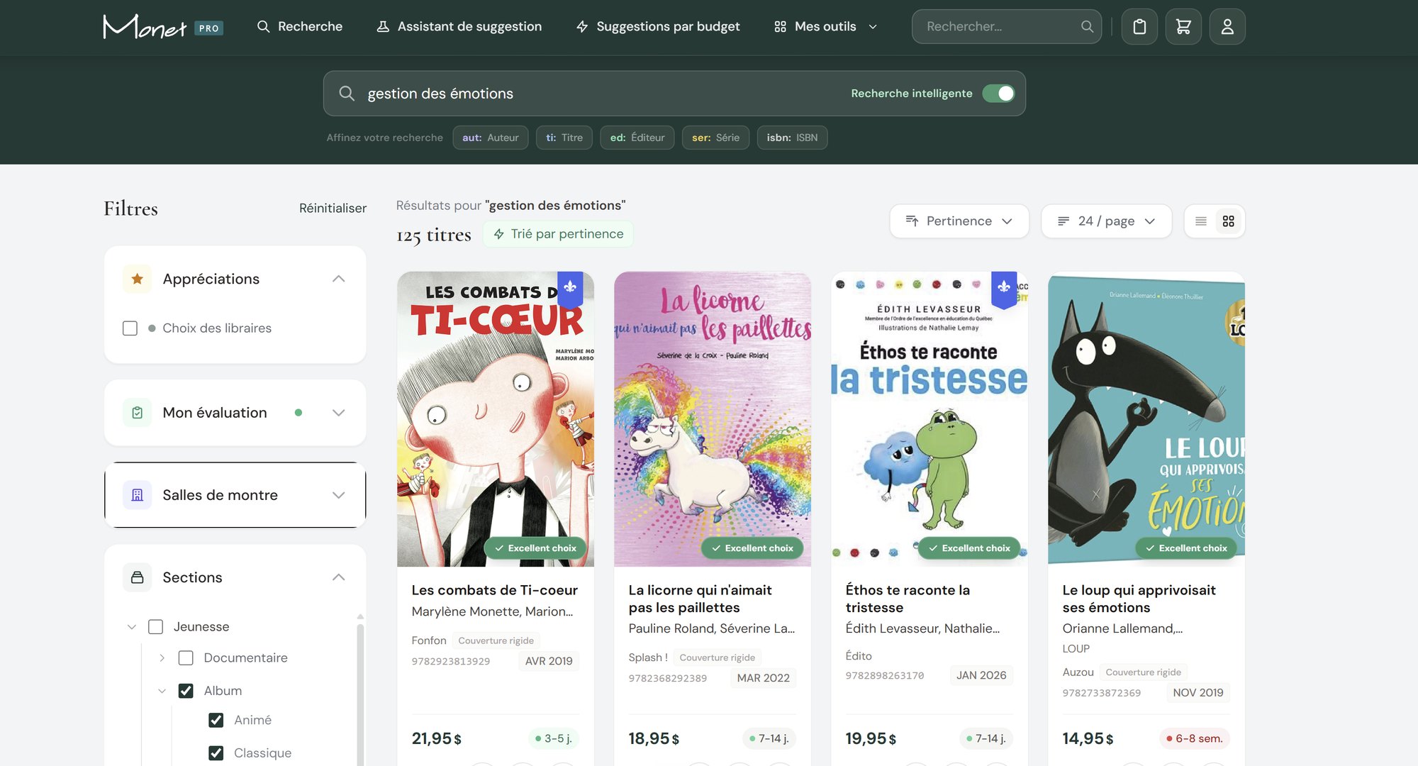 Recherche intelligente activée dans Monet PRO pour la requête « gestion des émotions » : 125 titres triés par pertinence, chacun marqué « Excellent choix ».
